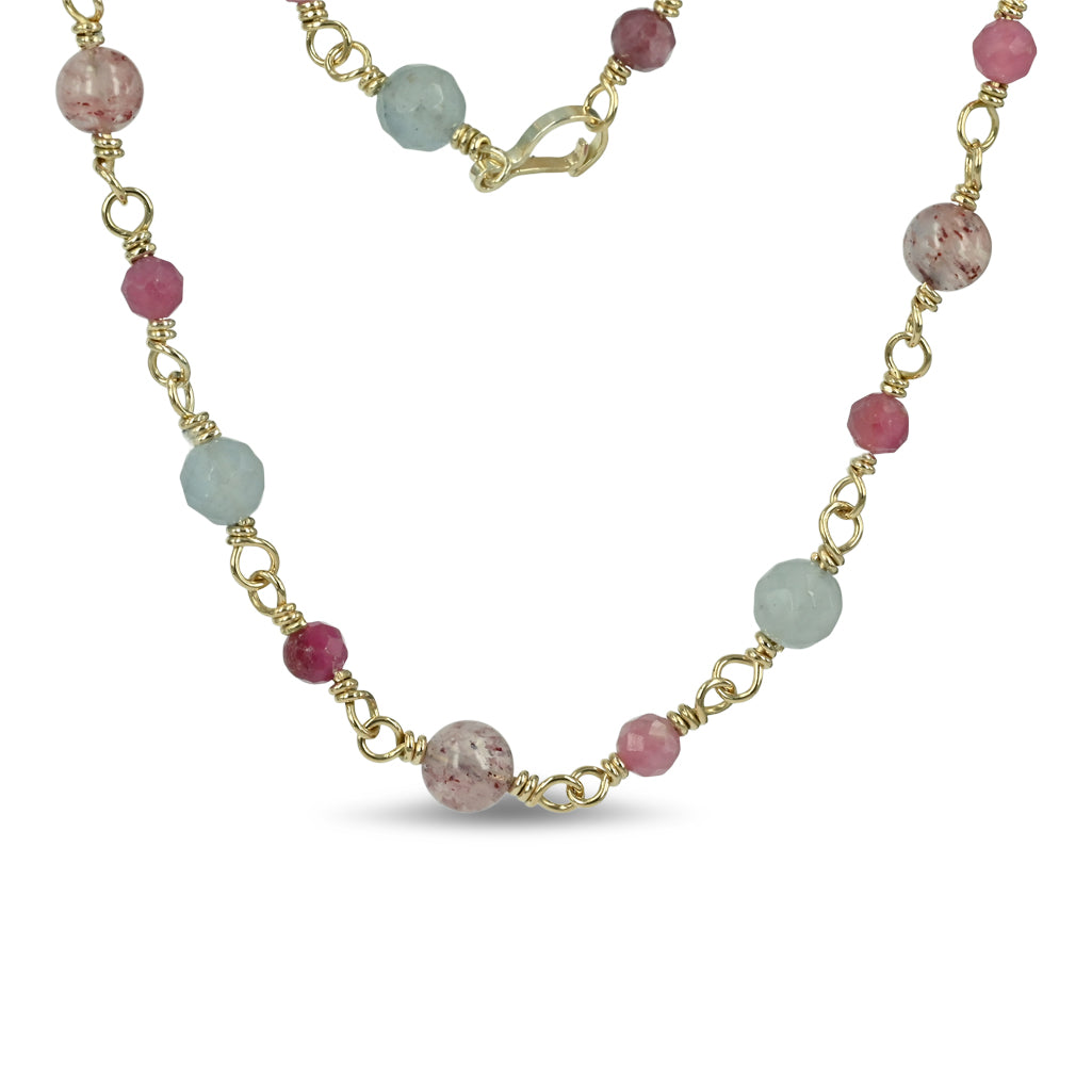 One of a kind - Farvestrålende guld halskæde med Flourit, Turmalin & Quarts
