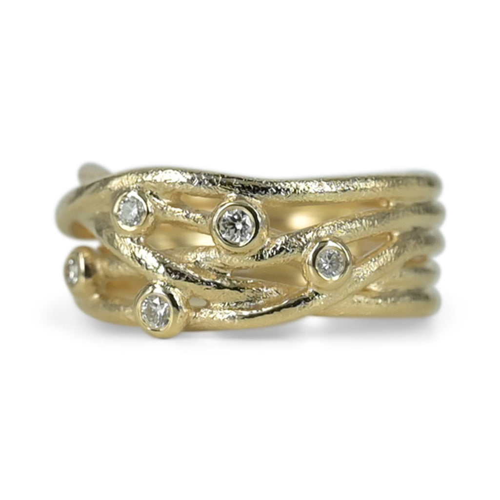 Nature - 14 kt. Guld ring med smuk flet & drys af diamanter