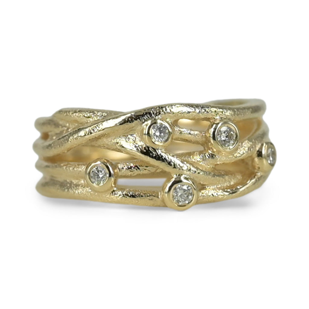 Nature - 14 kt. Guld ring med smuk flet & drys af diamanter