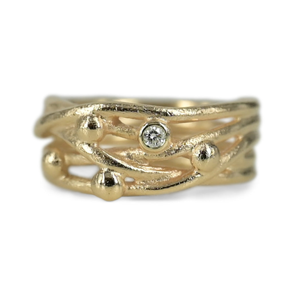 Nature - 14 kt. Guld ring med smuk flet & drys af diamanter