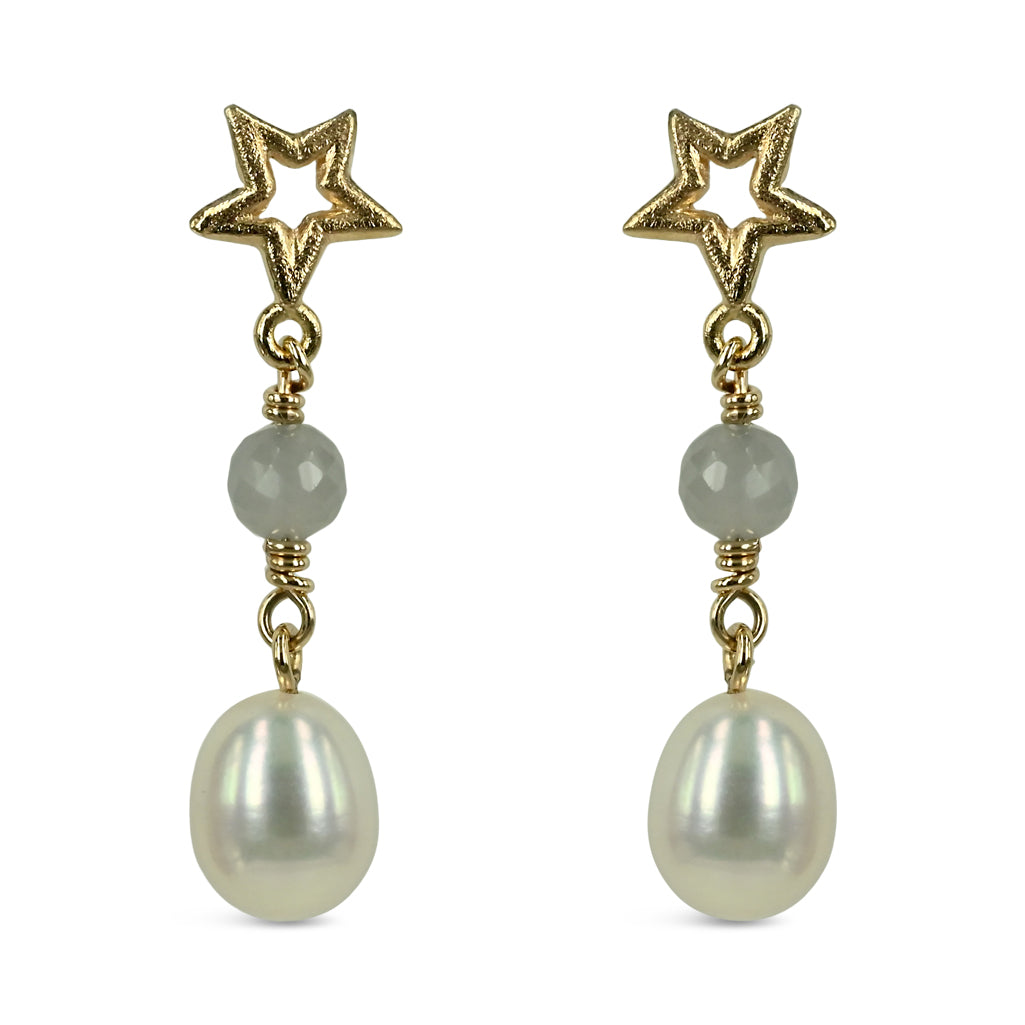14 kt. Guld øreringe med grå månesten og hvide ferskvands perler.