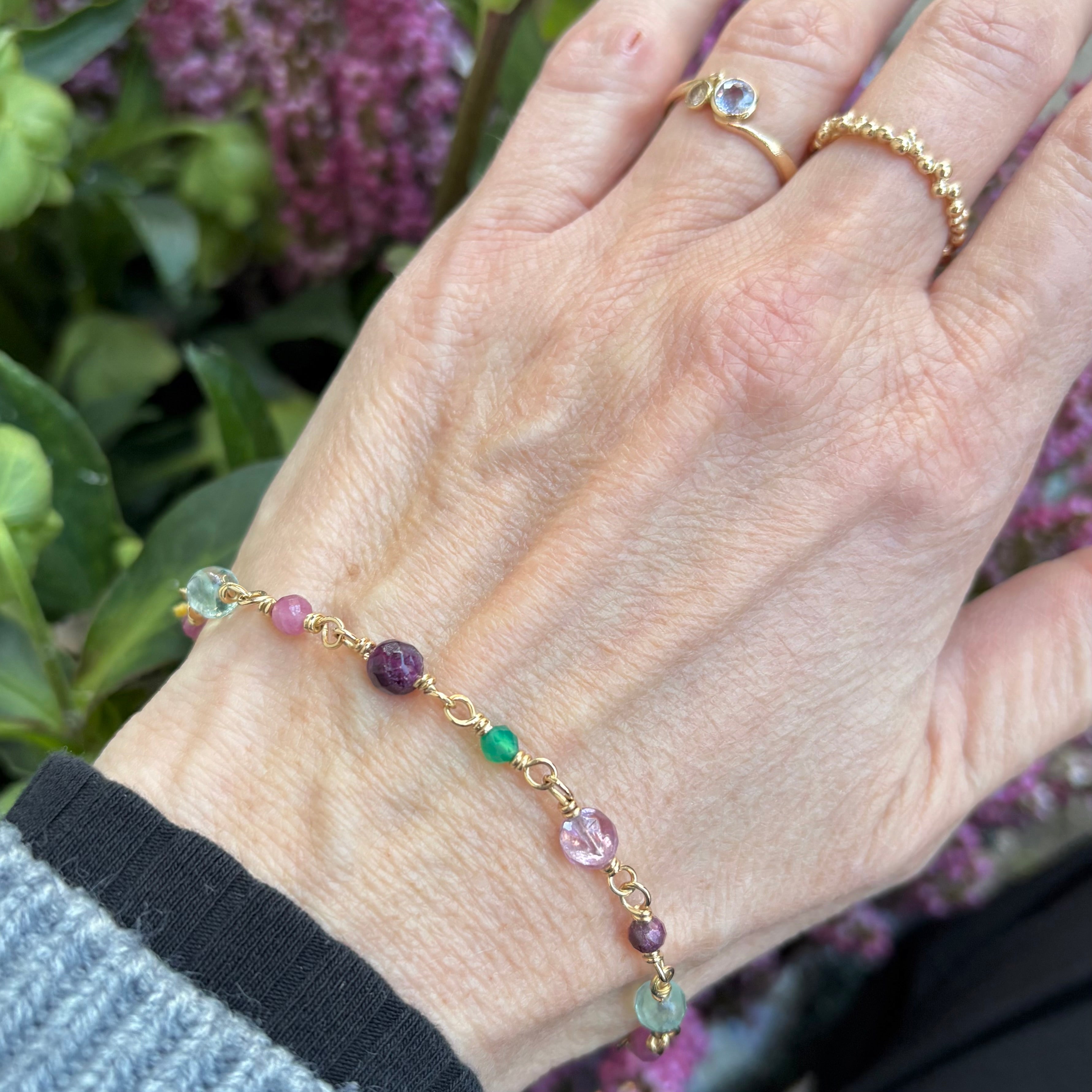 One of a kind - 14 kt. guld armbånd med Agat, Flurit & Pyrit