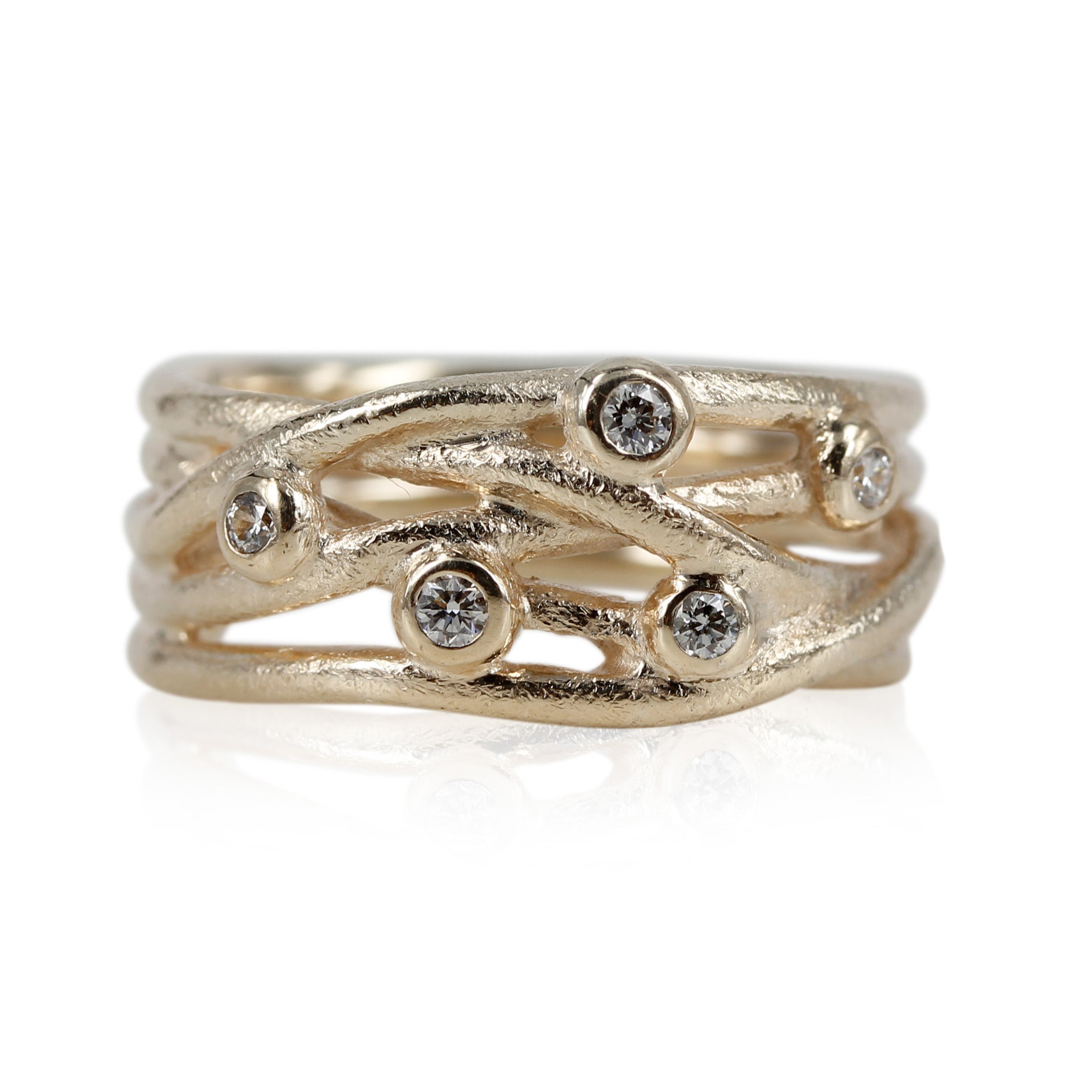 Nature - 14 kt. Guld ring med smuk flet & drys af diamanter