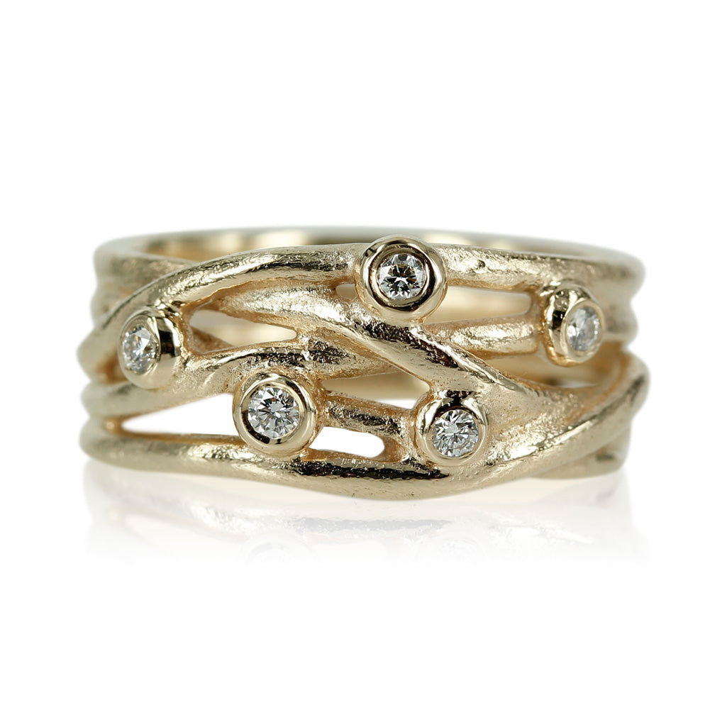 Nature - 14 kt. Guld ring med smuk flet & drys af diamanter