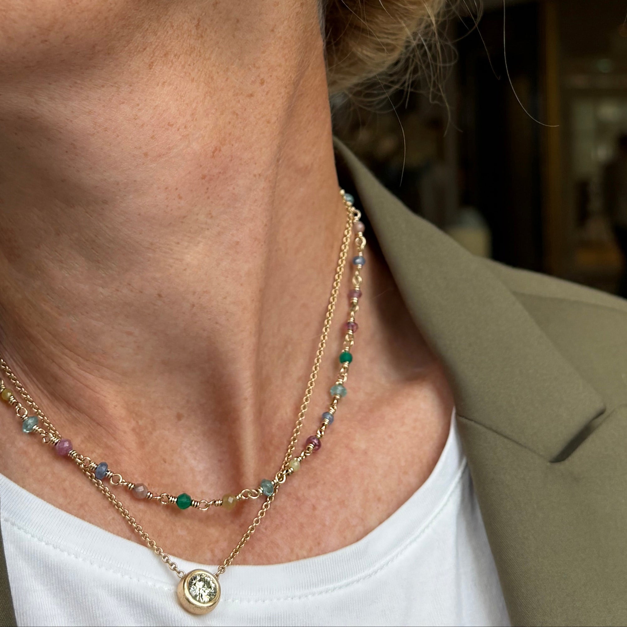 One of a kind - Guld halskæde med Safir, Månesten, Turmalin & Agat