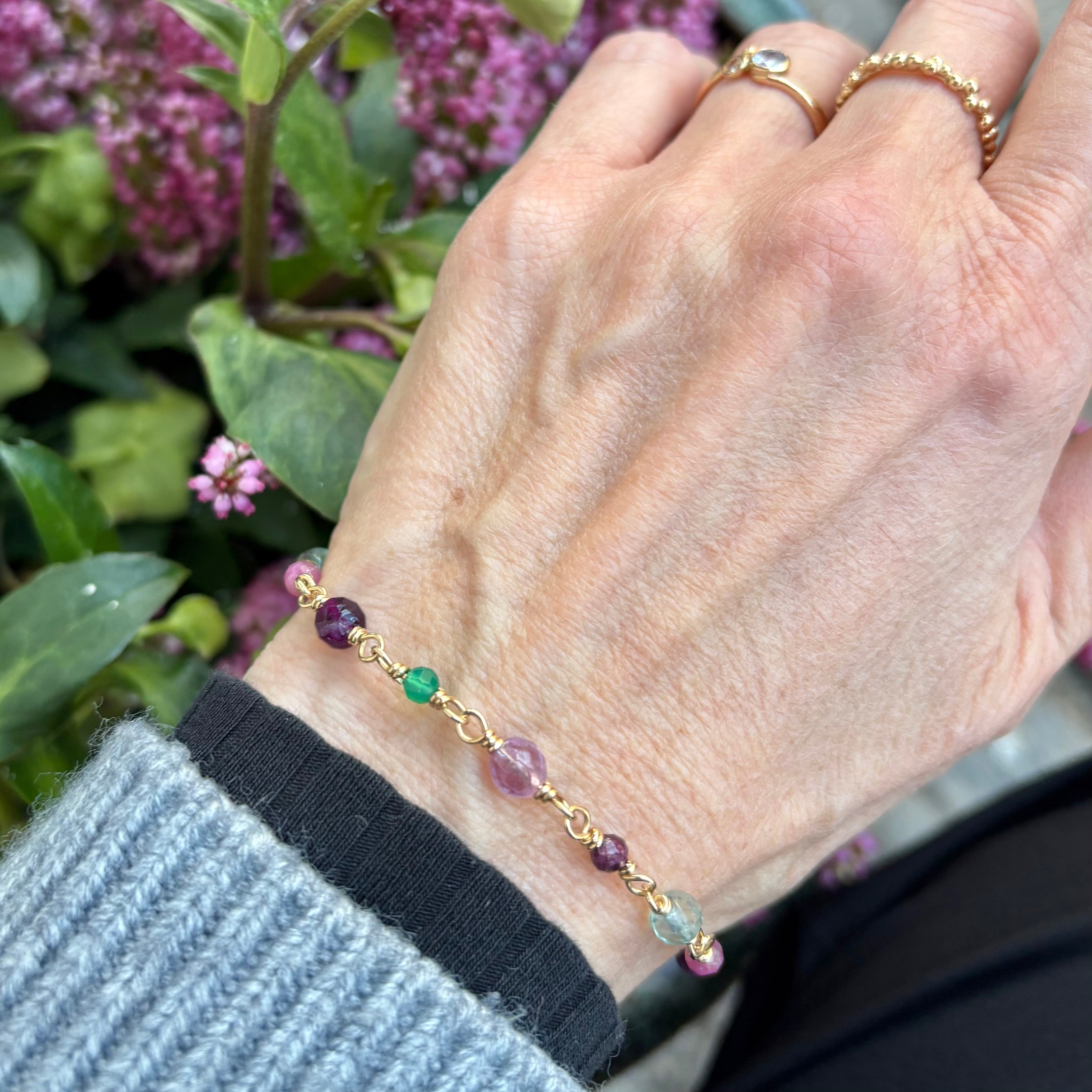 One of a kind - 14 kt. guld armbånd med Agat, Flurit & Pyrit