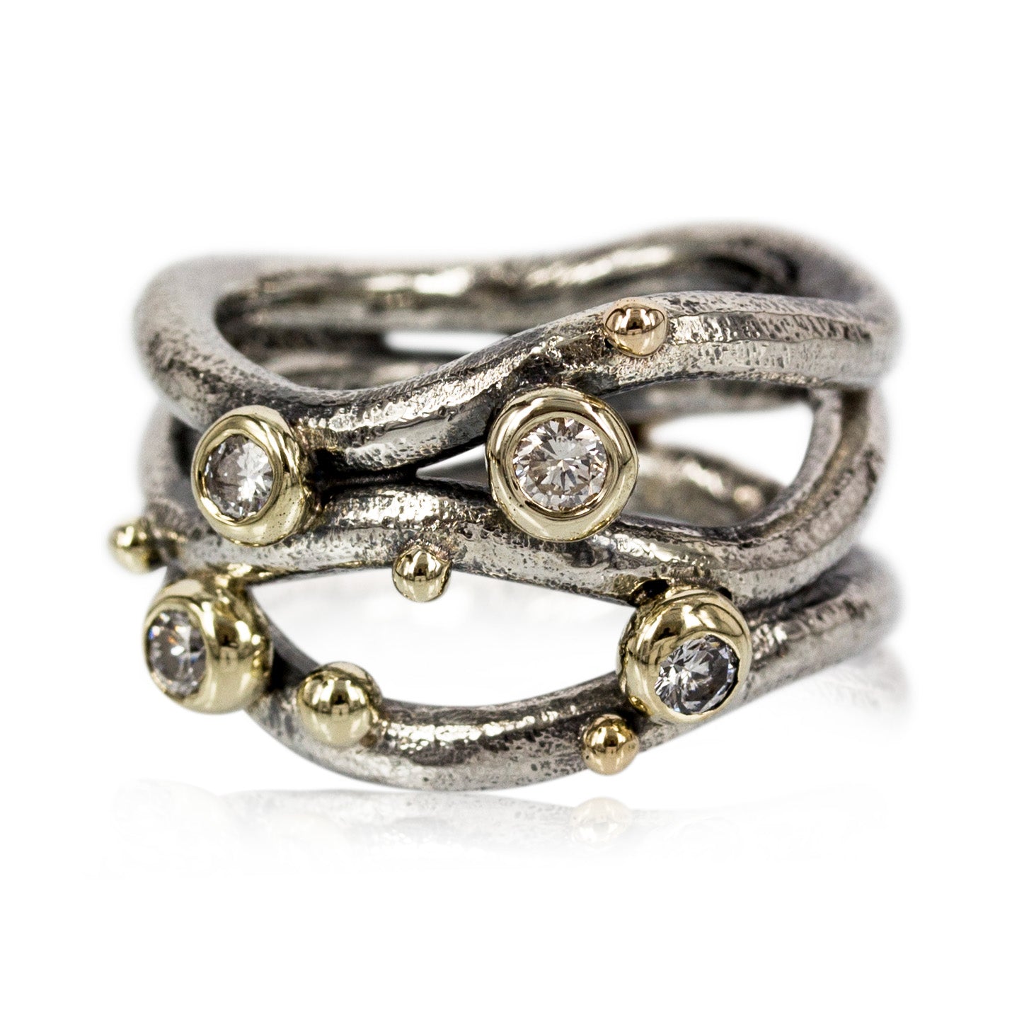 Unik ring designet efter ønske, sølv skinne delt i 3 tråde samt guldfatninger & diamanter