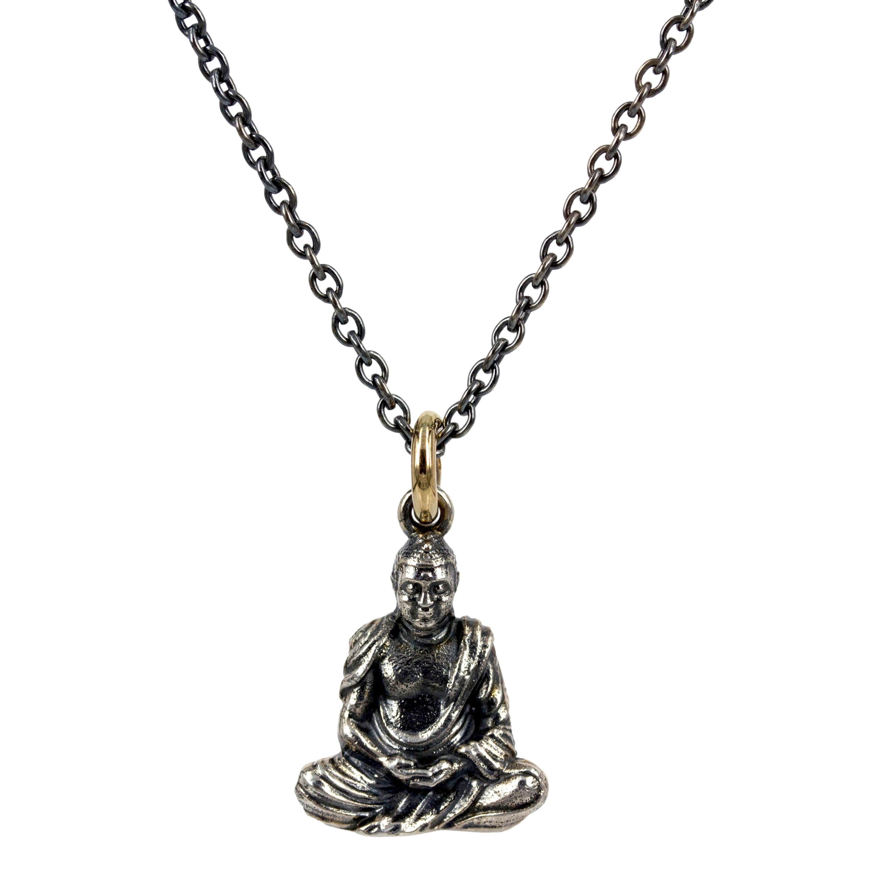 Kærligheds Buddha, skønt vedhæng i let oxyderet sølv og 14 kt. guld.