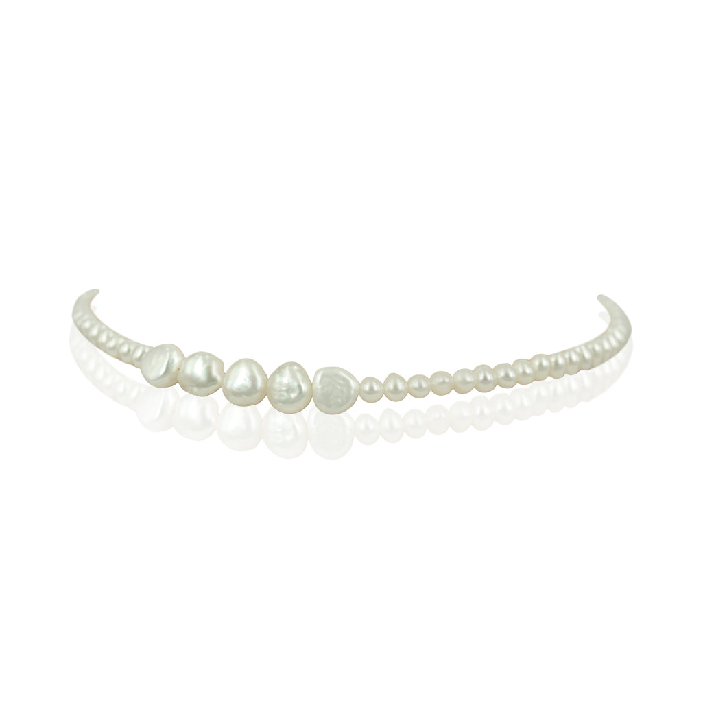 p-020-Halskæde med fine ferskvandsperler i et smukt barok mix af 2 størrelser perler. Perlerne har en fin blank overflade med et smukt skær og flot glans.  Kæden er designet med store og små perler, i smuk balance til hinanden.  Vælg mellem længderne 40 til 50 cm med lås i sølv. Længde er angivet som færdig længde inkl. lås.